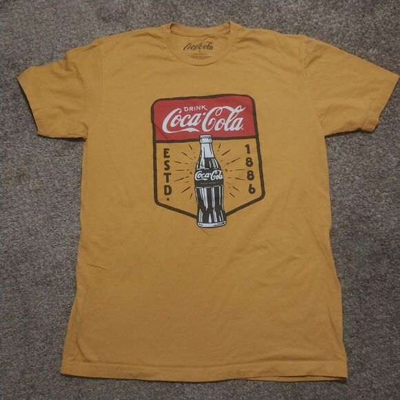 Coca-Cola Graphic T-Shirt Mens Large Gold Yellow Drink ESTD 1886 Bottle Tee - Picture 2 of 7